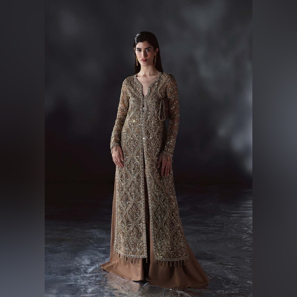 Enzo Pk NUE Embellished Long Sleeve Maxi Dress in Gold